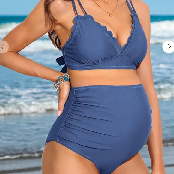 Charmo Scallop Trim Maternity High Waisted Bikini Set size L  in Blue - Picture 1 of 5